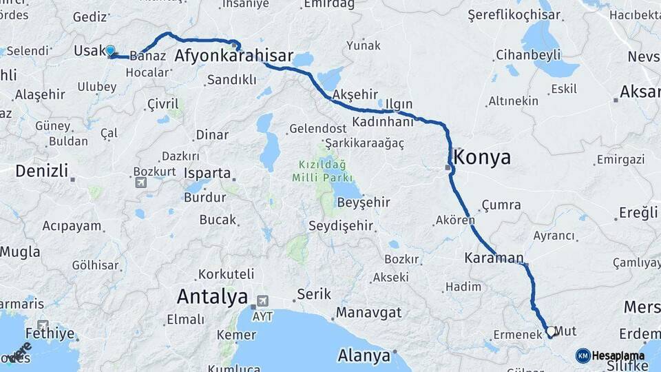 Uşak Mut Mersin Arası Kaç Km - Yol Haritası