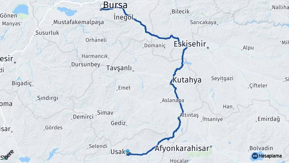 Uşak Osmangazi Bursa Arası Kaç Km - Yol Haritası