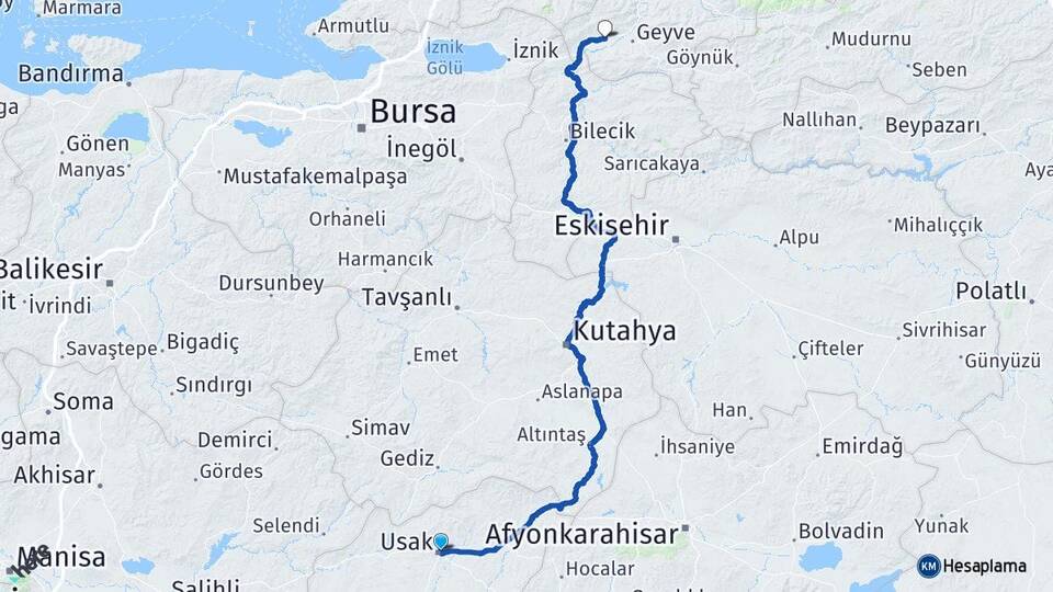 Uşak Pamukova Sakarya Arası Kaç Km - Yol Haritası