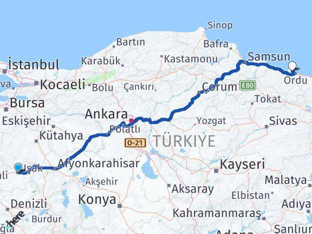Uşak Perşembe Ordu Arası Kaç Km - Yol Haritası