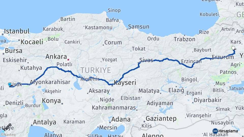 Uşak Sarıkamış Kars Arası Kaç Km - Yol Haritası