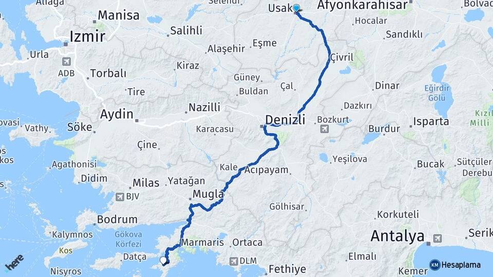 Uşak Selimiye Marmaris Muğla Arası Kaç Km - Yol Haritası