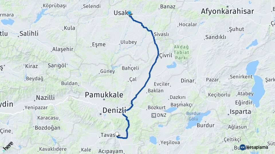 Uşak Serinhisar Denizli Arası Kaç Km - Yol Haritası