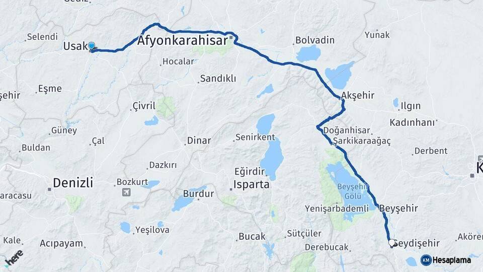 Uşak Seydişehir Konya Arası Kaç Km - Yol Haritası