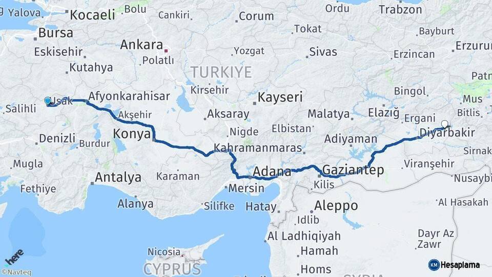 Uşak Silvan Diyarbakır Arası Kaç Km - Yol Haritası