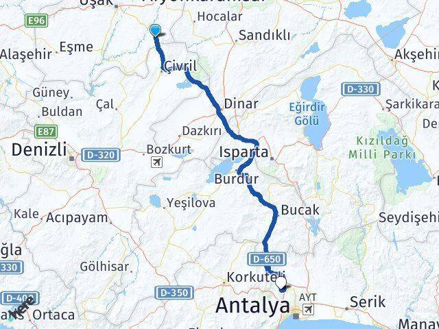 Uşak Sivaslı Döşemealtı Antalya Arası Kaç Km - Yol Haritası