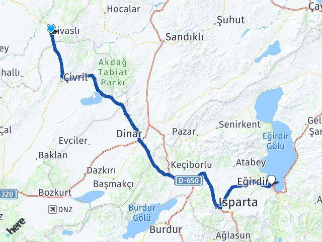 Uşak Sivaslı Eğirdir Isparta Arası Kaç Km - Yol Haritası