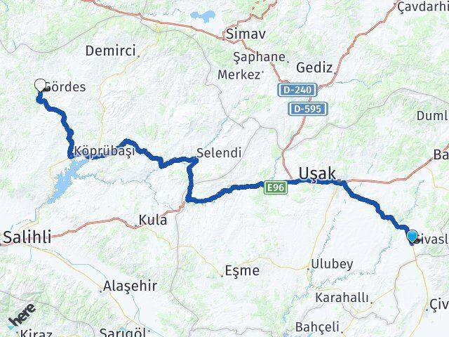 Uşak Sivaslı Gördes Manisa Arası Kaç Km - Yol Haritası