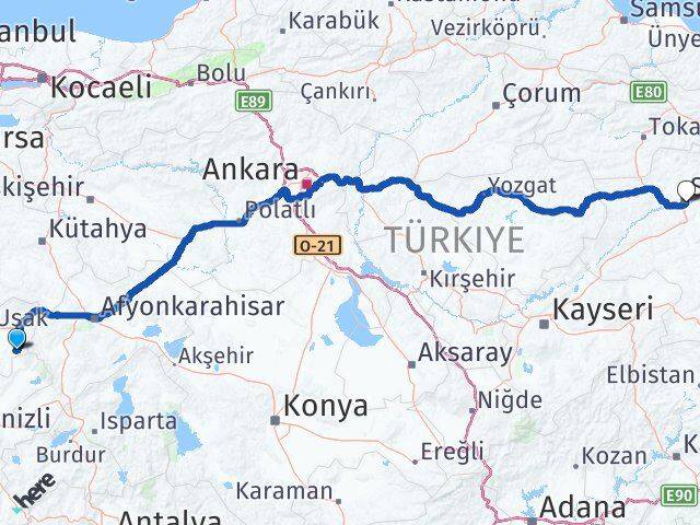 Uşak Sivaslı Sivas Arası Kaç Km - Yol Haritası