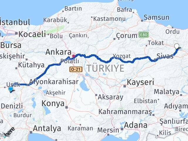 Uşak Sivaslı Suşehri Sivas Arası Kaç Km - Yol Haritası