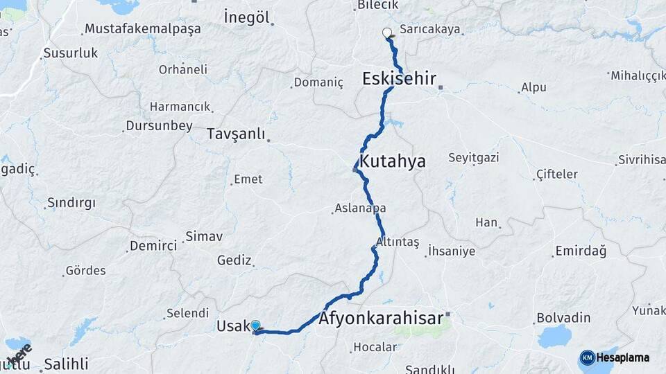 Uşak Söğüt Bilecik Arası Kaç Km - Yol Haritası