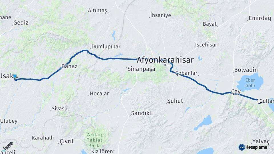 Uşak Sultandağı Afyonkarahisar Arası Kaç Km - Yol Haritası