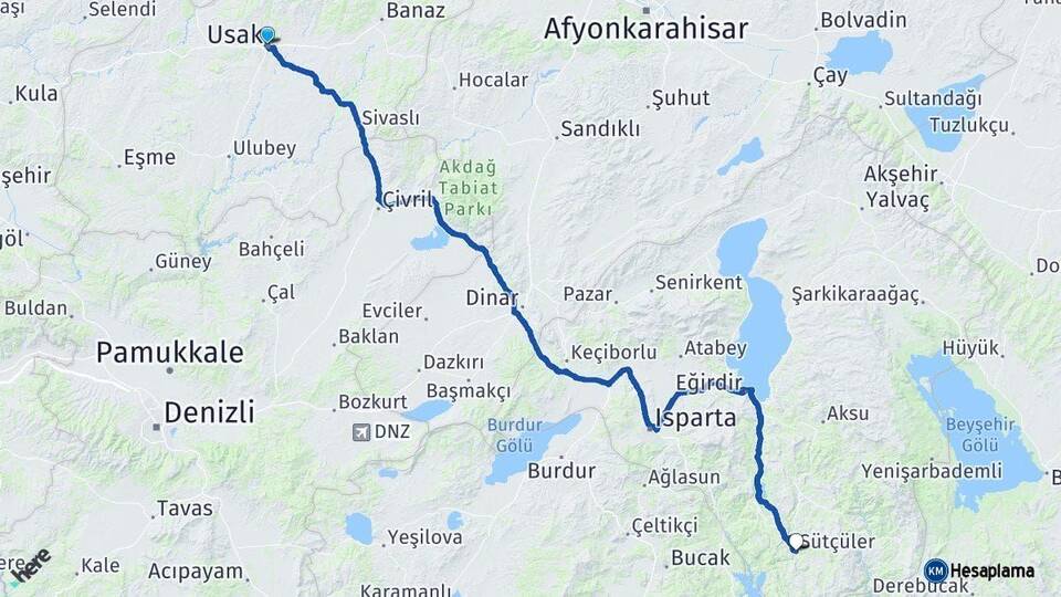 Uşak Sütçüler Isparta Arası Kaç Km - Yol Haritası