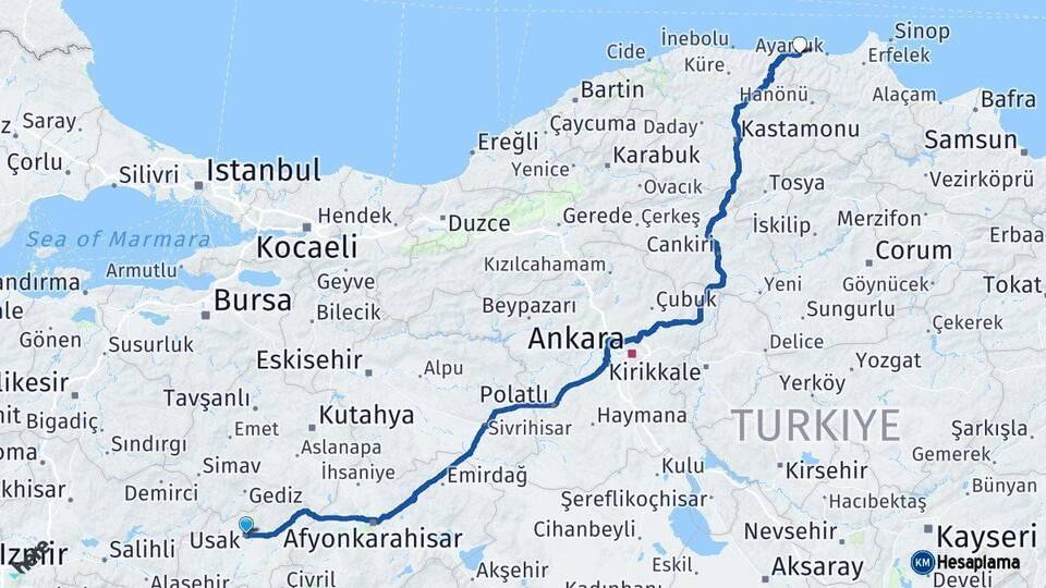 Uşak Türkeli Sinop Arası Kaç Km - Yol Haritası