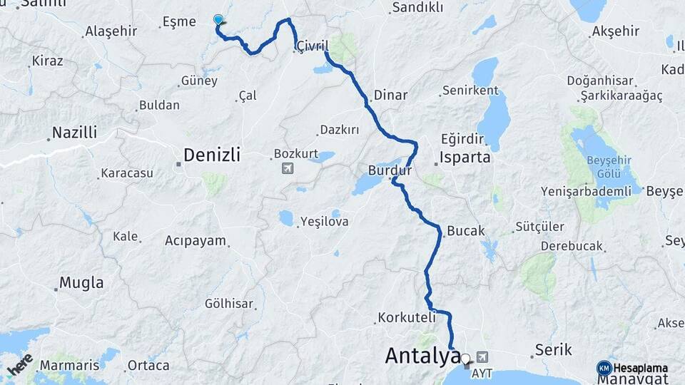 Uşak Ulubey Antalya Arası Kaç Km - Yol Haritası