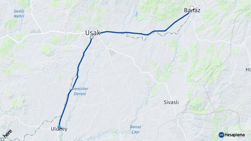 Uşak Ulubey Banaz Arası Kaç Km - Yol Haritası