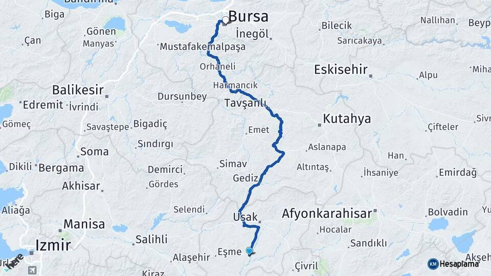 Uşak Ulubey Bursa Arası Kaç Km - Yol Haritası