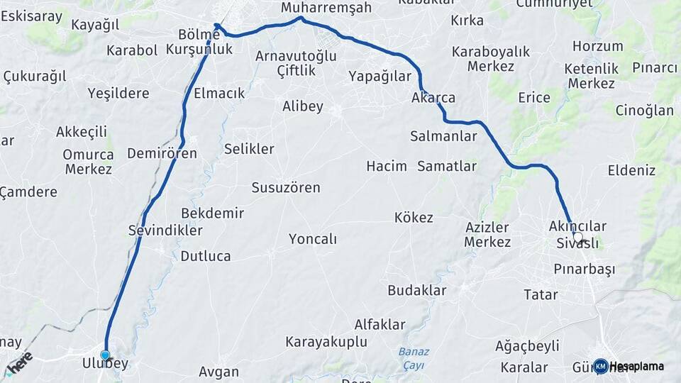 Uşak Ulubey Sivaslı Arası Kaç Km - Yol Haritası