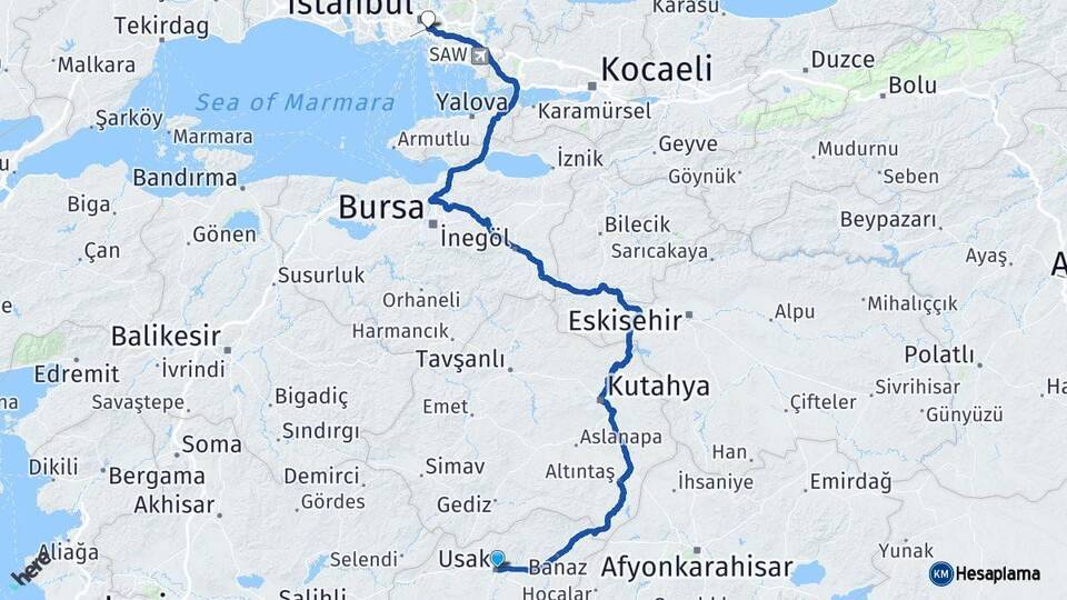 Uşak Üsküdar İstanbul Arası Kaç Km - Yol Haritası