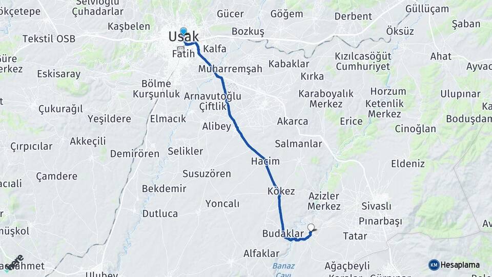 Uşak Yayalar Sivaslı Arası Kaç Km - Yol Haritası