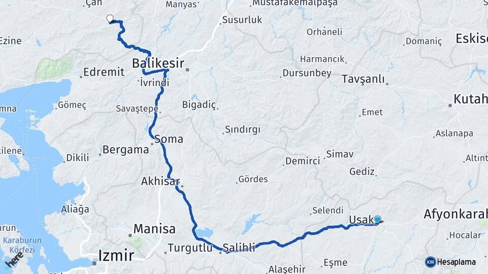 Uşak Yenice Çanakkale Arası Kaç Km - Yol Haritası