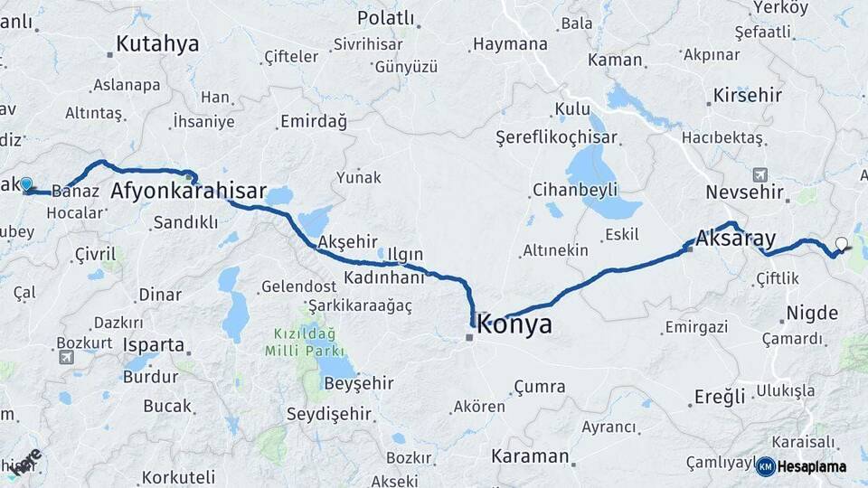 Uşak Yeşilhisar Kayseri Arası Kaç Km - Yol Haritası