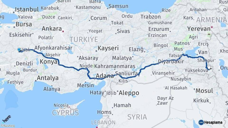 Uşak Yüksekova Hakkari Arası Kaç Km - Yol Haritası