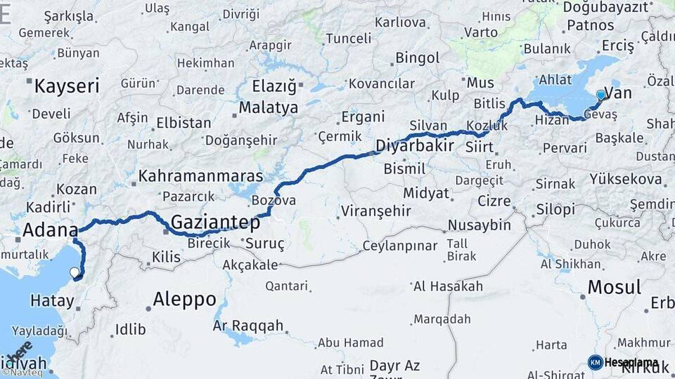 Van Arsuz Hatay Arası Kaç Km - Yol Haritası