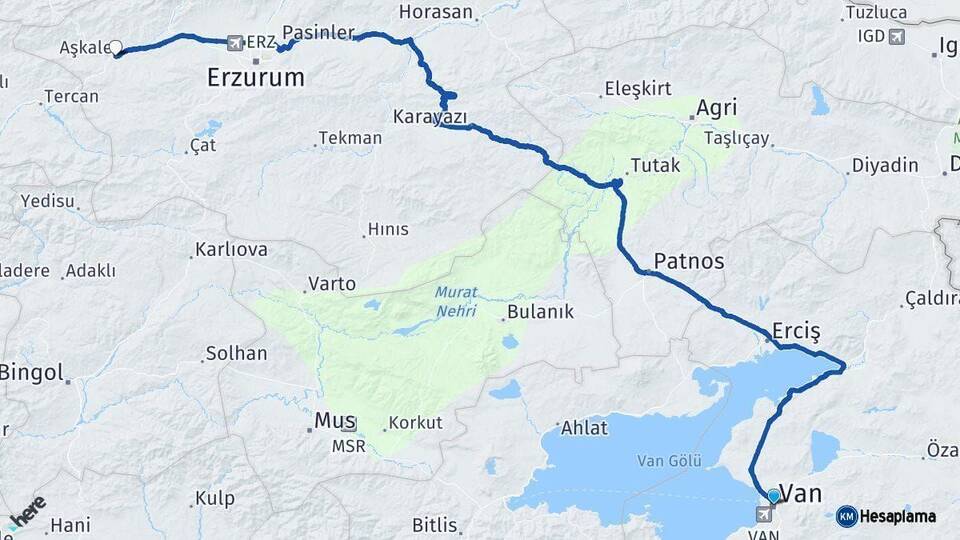 Van Aşkale Erzurum Arası Kaç Km - Yol Haritası
