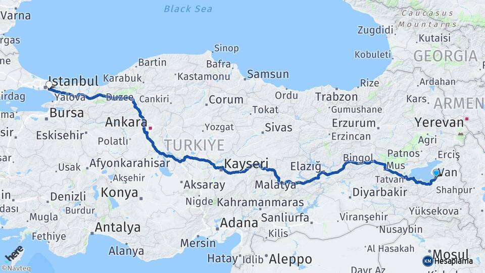 Van Ataşehir İstanbul Arası Kaç Km - Yol Haritası