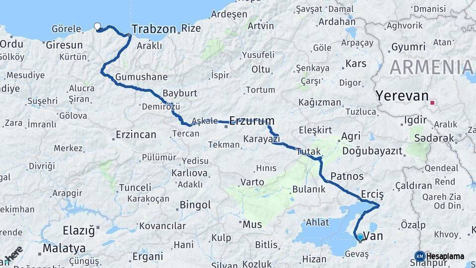 Van Beşikdüzü Trabzon Arası Kaç Km - Yol Haritası