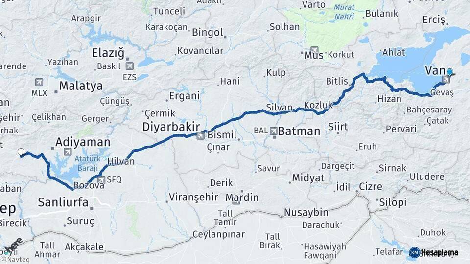 Van Besni Adıyaman Arası Kaç Km - Yol Haritası