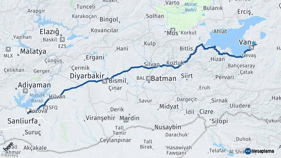 Van Bozova Şanlıurfa Arası Kaç Km - Yol Haritası
