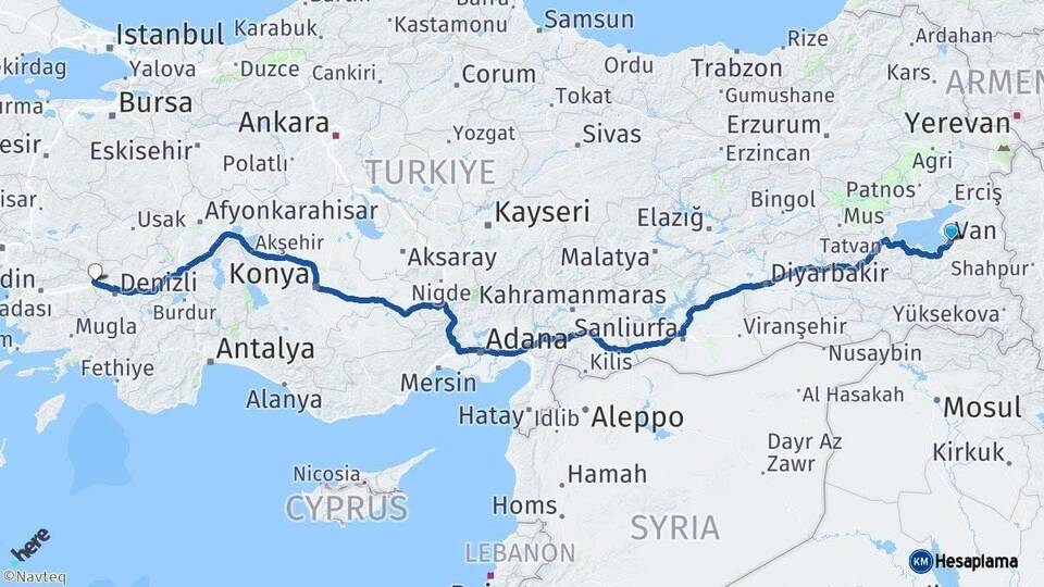 Van Buharkent Aydın Arası Kaç Km - Yol Haritası