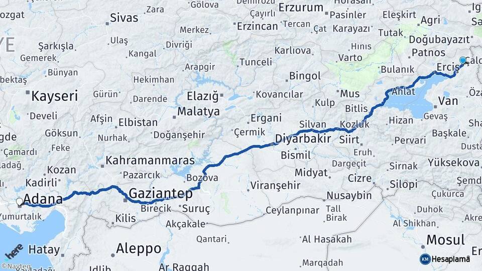 Van Çaldıran Adana Arası Kaç Km - Yol Haritası