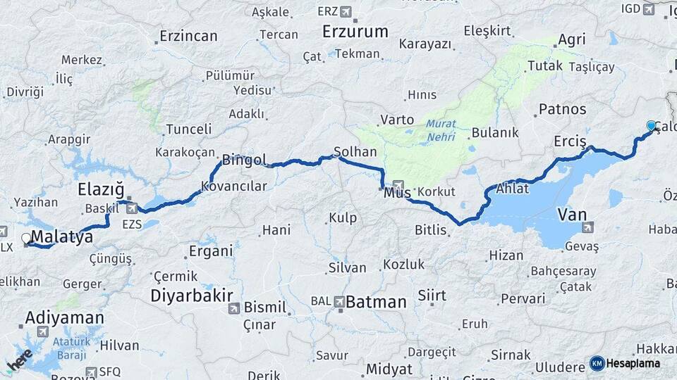 Van Çaldıran Malatya Arası Kaç Km - Yol Haritası