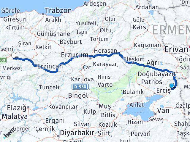 Van Çaldıran Refahiye Erzincan Arası Kaç Km - Yol Haritası