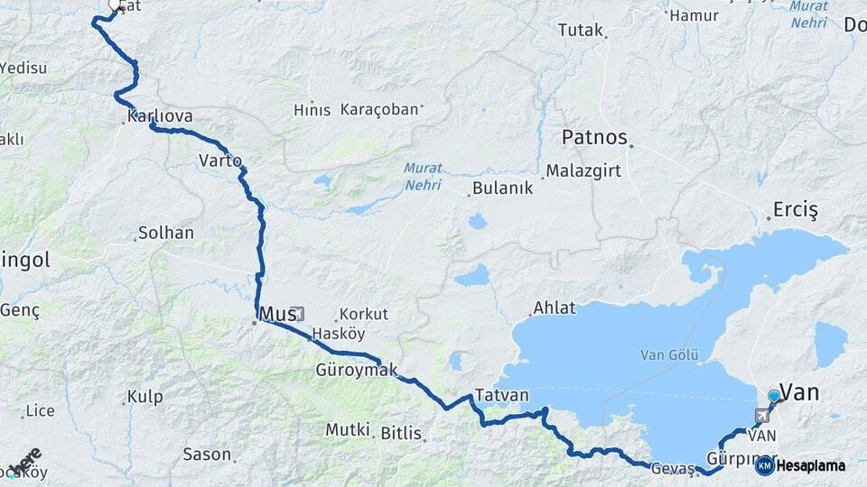 Van Çat Erzurum Arası Kaç Km - Yol Haritası