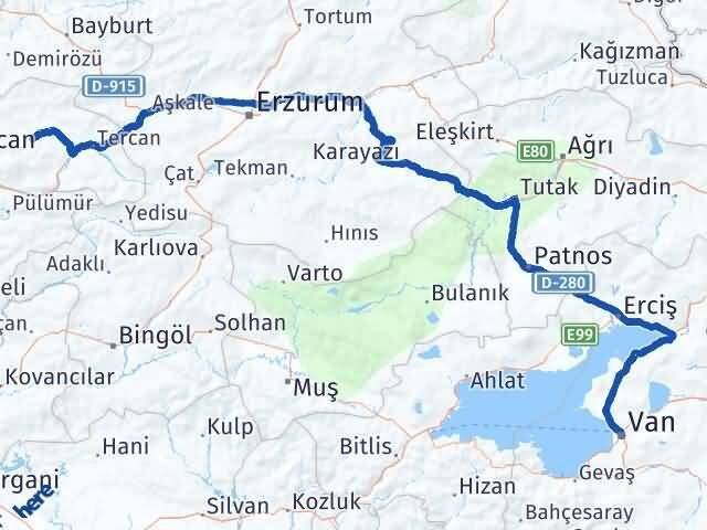 Van Çayırlı Erzincan Arası Kaç Km - Yol Haritası