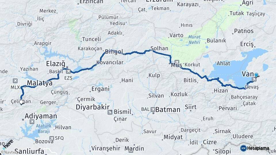 Van Çelikhan Adıyaman Arası Kaç Km - Yol Haritası