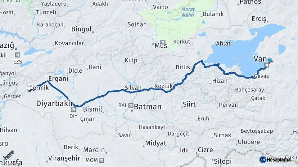 Van Çermik Diyarbakır Arası Kaç Km - Yol Haritası
