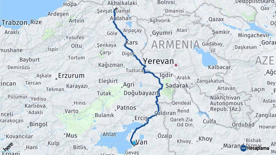 Van Damal Ardahan Arası Kaç Km - Yol Haritası
