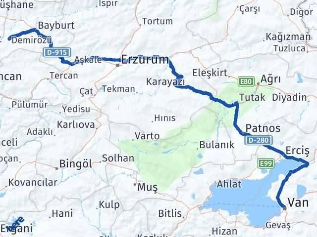 Van Demirözü Bayburt Arası Kaç Km - Yol Haritası