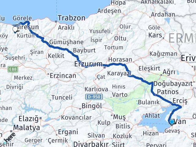 Van Dereli Giresun Arası Kaç Km - Yol Haritası