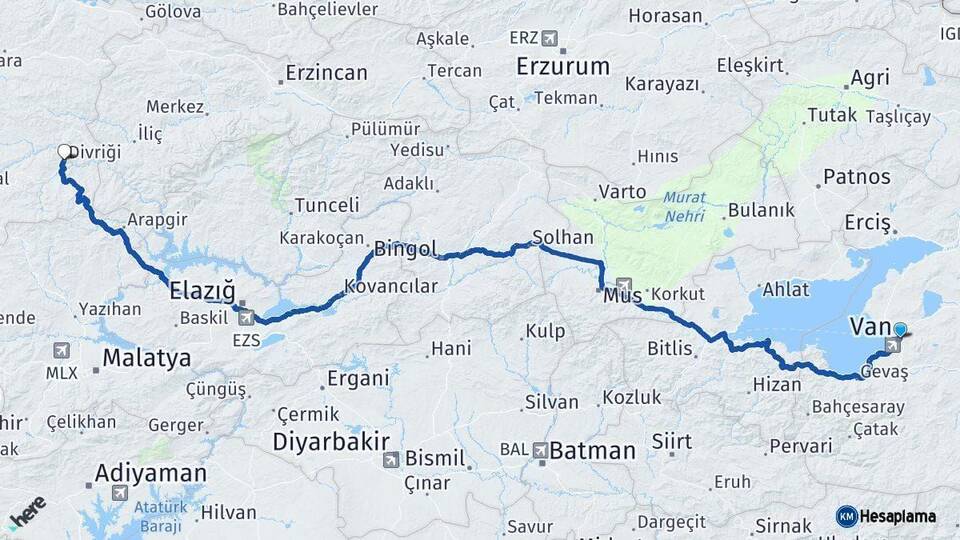 Van Divriği Sivas Arası Kaç Km - Yol Haritası