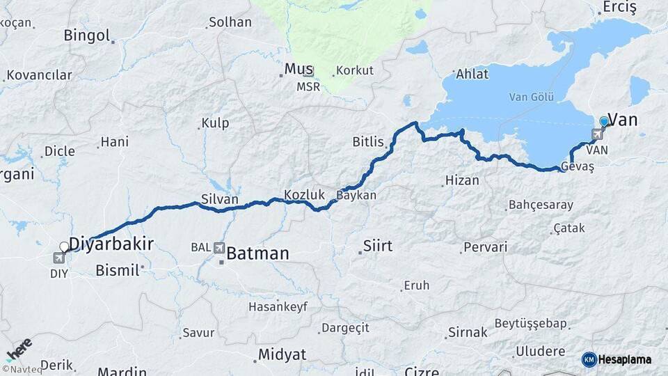 Van Diyarbakır Arası Kaç Km - Yol Haritası