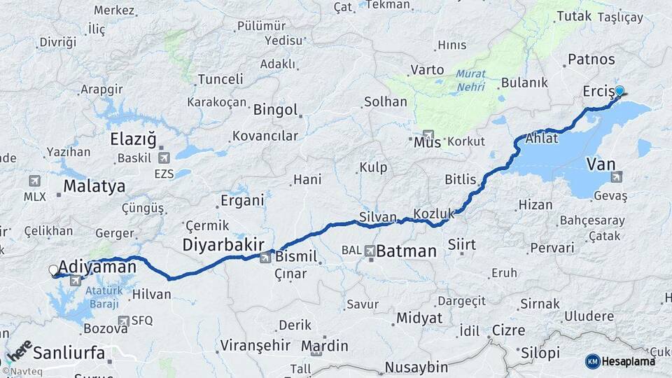 Van Erciş Adıyaman Arası Kaç Km - Yol Haritası
