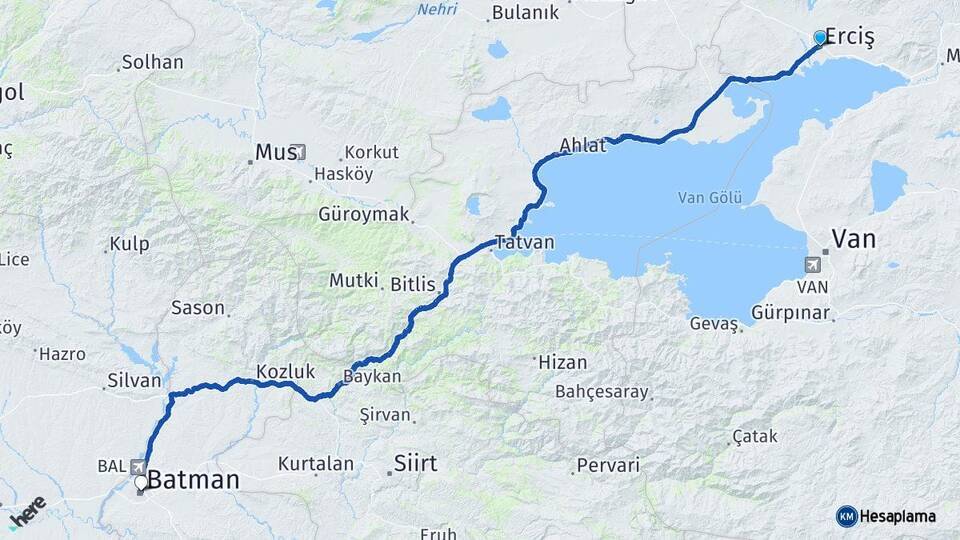 Van Erciş Batman Arası Kaç Km - Yol Haritası