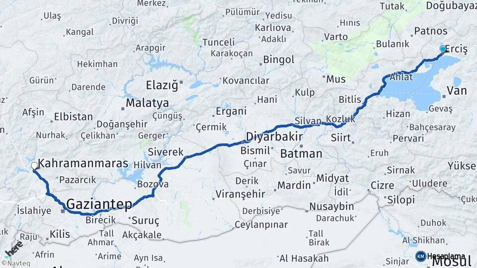 Van Erciş Kahramanmaraş Arası Kaç Km - Yol Haritası