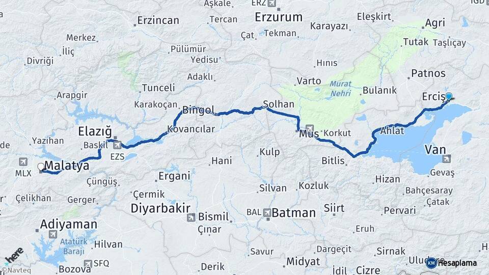 Van Erciş Malatya Arası Kaç Km - Yol Haritası